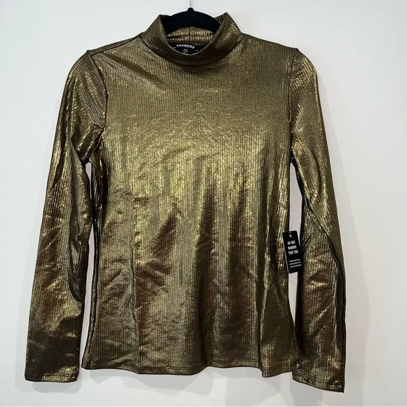 Express Metallic Shimmer gold ribbed long sleeve mock neck top size M NWT - Picture 3 of 13